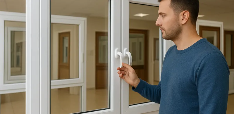 Homem avaliando o preço de janelas em uma exposição ou loja especializada